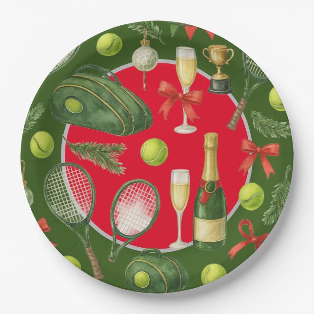Tennisschläger Kugel schwarz Tinte rot Grün Weihna Pappteller (Vorderseite)