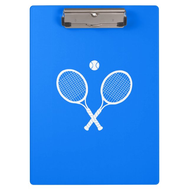 Tennisschläger mit Ball auf blauem Hintergrund Klemmbrett (Vorderseite)