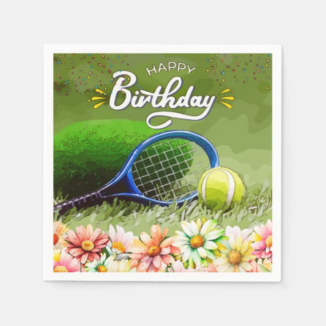 Tennisschläger mit Ball Happy Birthday Serviette (Vorderseite)