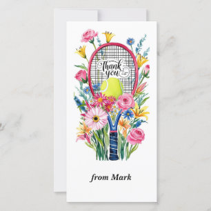 Tennisschläger mit Ball und Blume Aquarell Dankeskarte