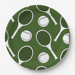 Tennisschläger mit schwarzer Kugelfarbe auf grün  Pappteller