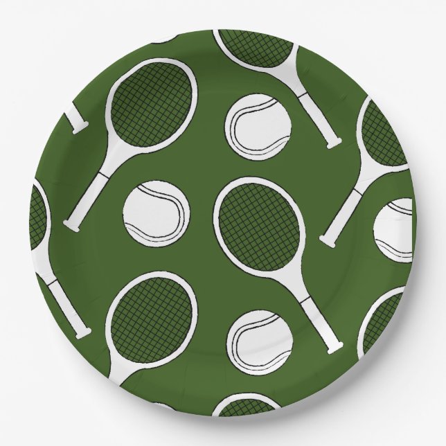 Tennisschläger mit schwarzer Kugelfarbe auf grün  Pappteller (Vorderseite)