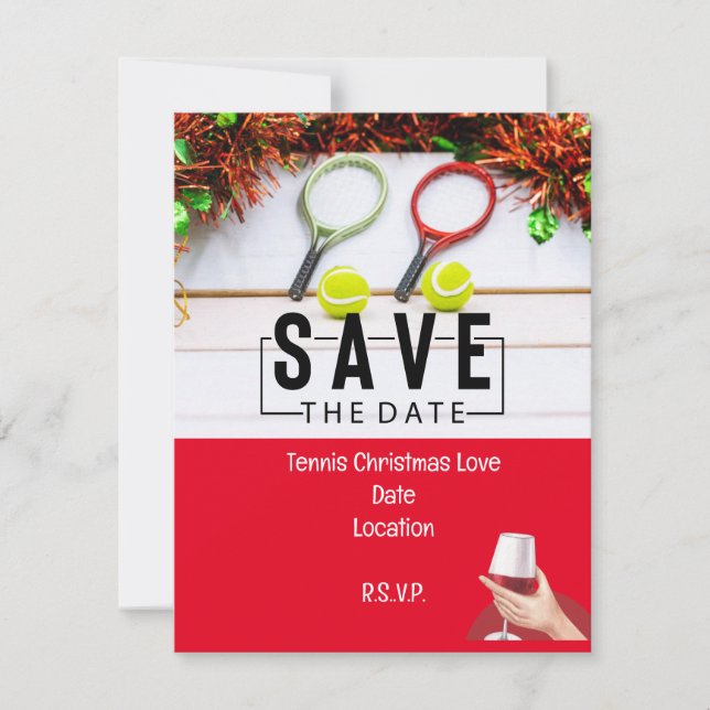Tennisschläger mit Weihnachts-Save the Date-Party Einladung (Vorderseite)