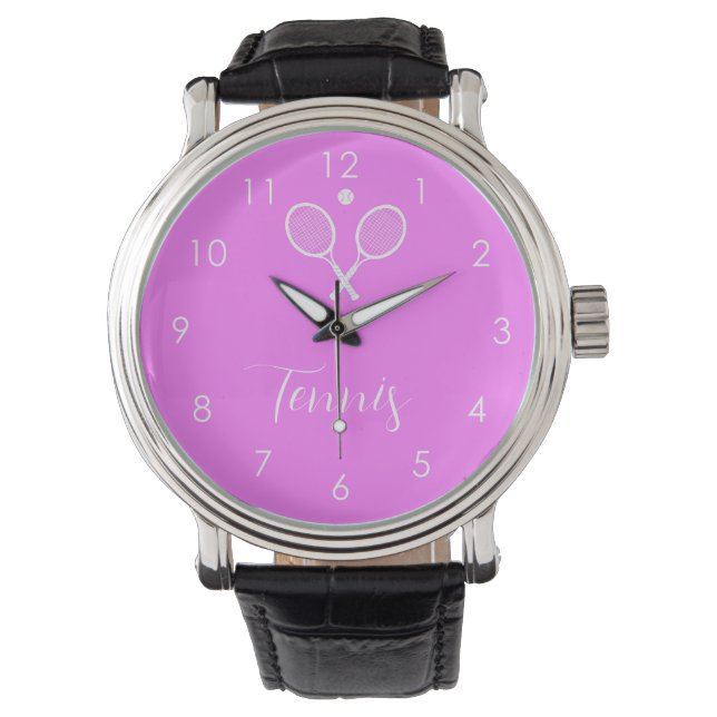 Tennisschläger und Ball Deep Pink Armbanduhr (Vorderseite)