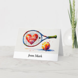 Tennisschläger und Ball mit rotem Liebe Dankeskarte