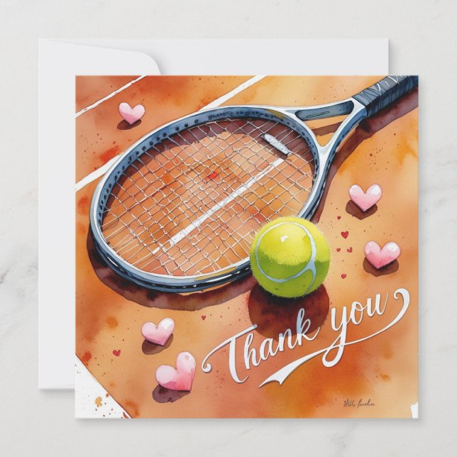 Tennisschläger und Ball mit rotem Liebe Dankeskarte (Vorderseite)