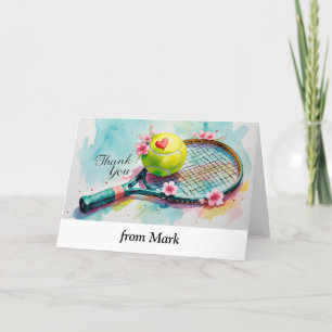 Tennisschläger und Ball mit rotem Liebe Dankeskarte
