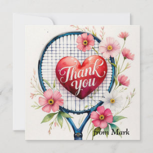 Tennisschläger und Ball mit rotem Liebe Dankeskarte