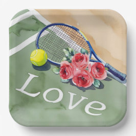 Tennisschläger und Ball mit Wort-LIEBE auf dem Pla Pappteller