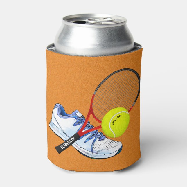 Tennisschuh-Ball und Racket mit eigenem Text Dosenkühler (Kanne Vorderseite)