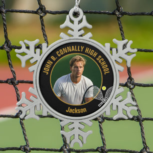 Tennisspieler-Foto High School Black Gold Schneeflocken Zinn-Ornament