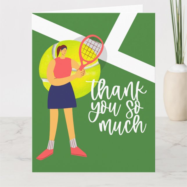 Tennisspielerin mit Dankeschön Wort Dankeskarte (Vorderseite)