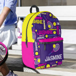 Tennissportarten Rosa-Gelb-individuelle Name Bedruckter Rucksack<br><div class="desc">Tennis Sport Rosa individuelle Name Rucksack. Sporttennisball und Schläger auf einem dunkelblauen lila Hintergrund personalisierten Namensbeutel. Diese gemusterte Tasche mit typografischem Sportmotiv enthält Tennisbälle und Schläger, die mit dunkelblauem lila, rosa, tiefblauem Rosa, Gelb, hellgelber und weißem Text auf die Kugeln treffen. Dieses lustige sportliche Design kann mit Ihrem eigenen Namen...</div>