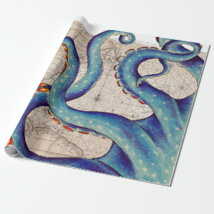 Tentakel dunkelblau Karte Vintage Geschenkpapier