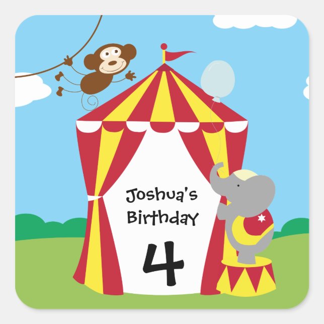 Tente de cirque et animaux Stickers d'anniversaire (Devant)
