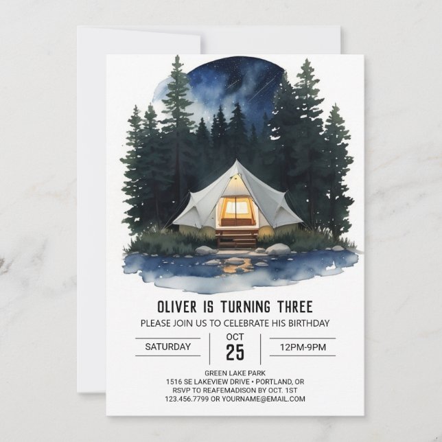 Tente rustique et arbres Invitation Anniversaire (Devant)