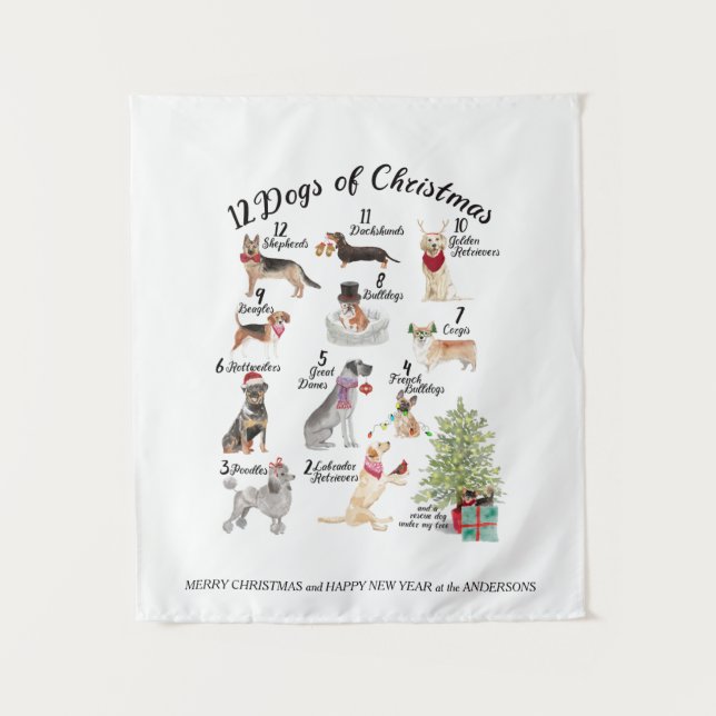 Tenture 12 chiens des casquettes de vacances de Noël, (Devant)