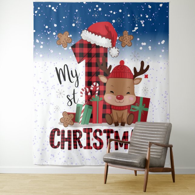 Tenture 1er chapeau de Noël de Père Noël blanc bébé renne (En situation)