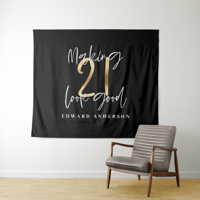 Tenture 21e anniversaire moderne noir et or design (En situation (horizontale))