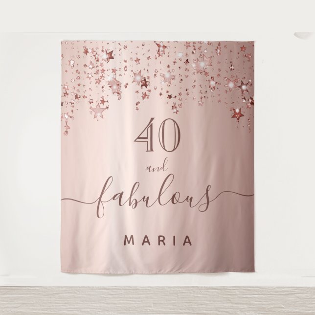 Tenture 40 étoiles de fête d'anniversaire rose gold paille (Devant)