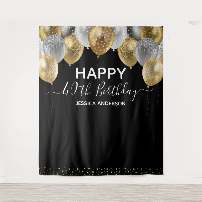 Tenture 40e anniversaire Gold Silver Black Ballons (Devant)