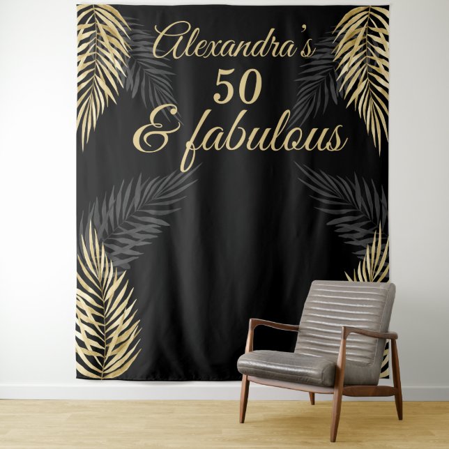 Tenture 50 fabuleux anniversaire or noir palmiers (En situation)