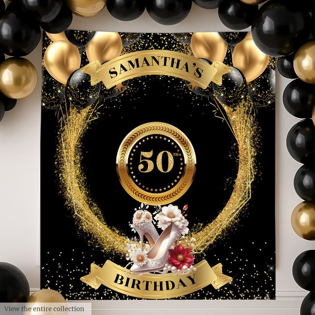 Tenture 50e anniversaire moderne fond blanc talons hauts (Modern 50th Birthday Backdrop White High Heels)