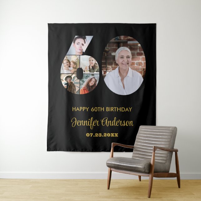 Tenture 60e anniversaire Numéro 60 Photo Collage moderne N (En situation)