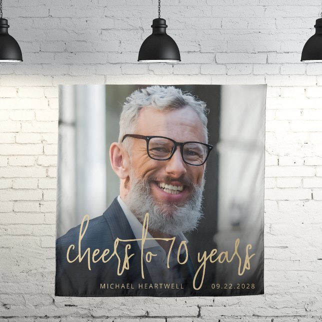 Tenture 70e anniversaire de fête Photo Gold Script Cheers (Créateur téléchargé)