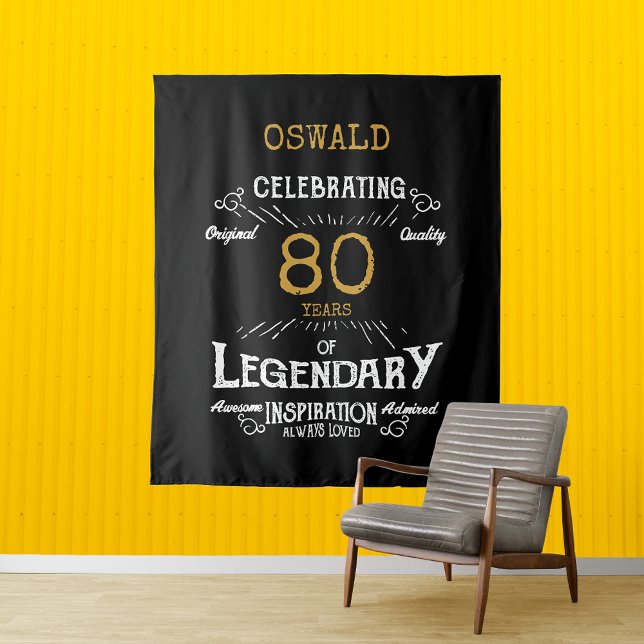 Tenture 80e anniversaire Black Gold légendaire fond photo (A personalized elegant 80th birthday vintage photo backdrop.)