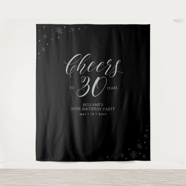 Tenture À 30 ans | Fête d'anniversaire Argent et Noir (Devant)