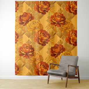 Tenture Abondantes Fleurs Orange Doré Art Déco