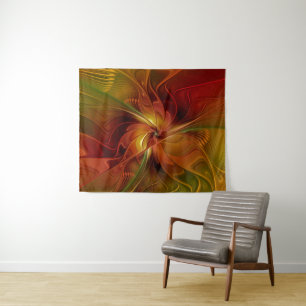 Tenture Abstrait Rouge Orange Brown Vert Fractal Art Flowe