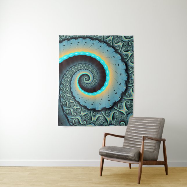 Tenture Abstraite spirale d'art fractal bleu turquoise ora (En situation)