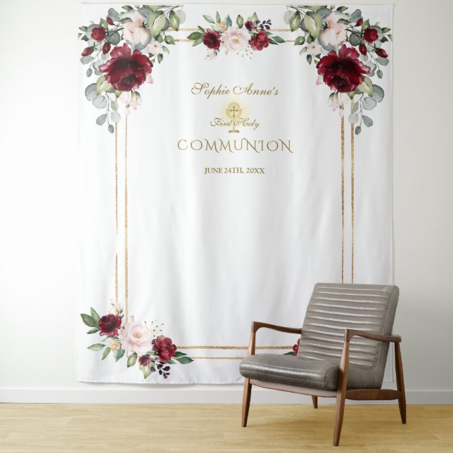 Tenture Accessoire de première communion avec fleurs rose  (En situation)