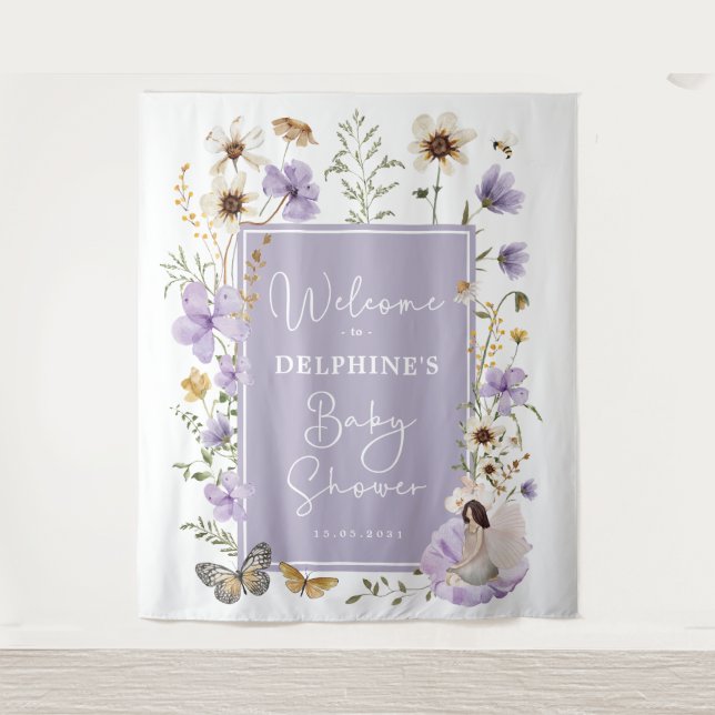 Tenture Accueil du Baby shower de fée Fleur sauvage pourpr (Devant)