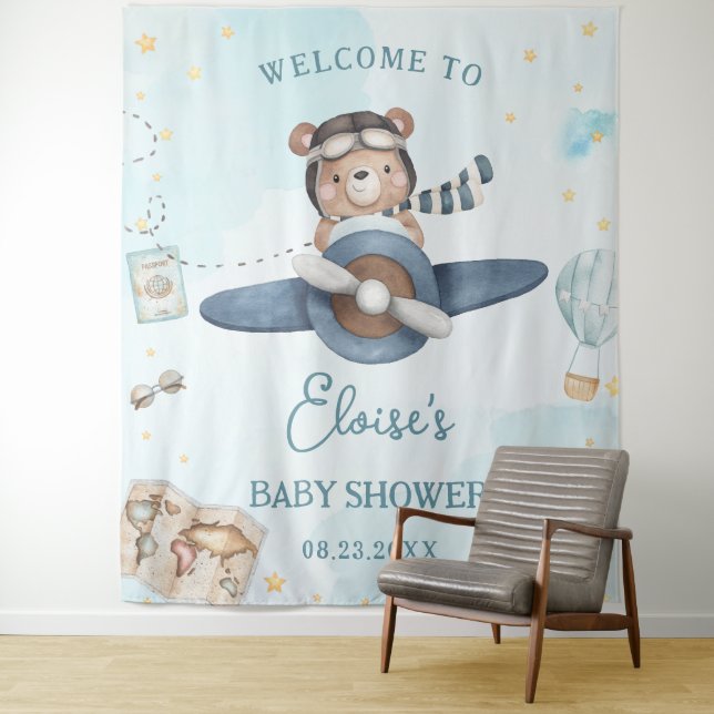 Tenture Adventure Cute Bear Blue Plane Baby shower garçon (En situation)