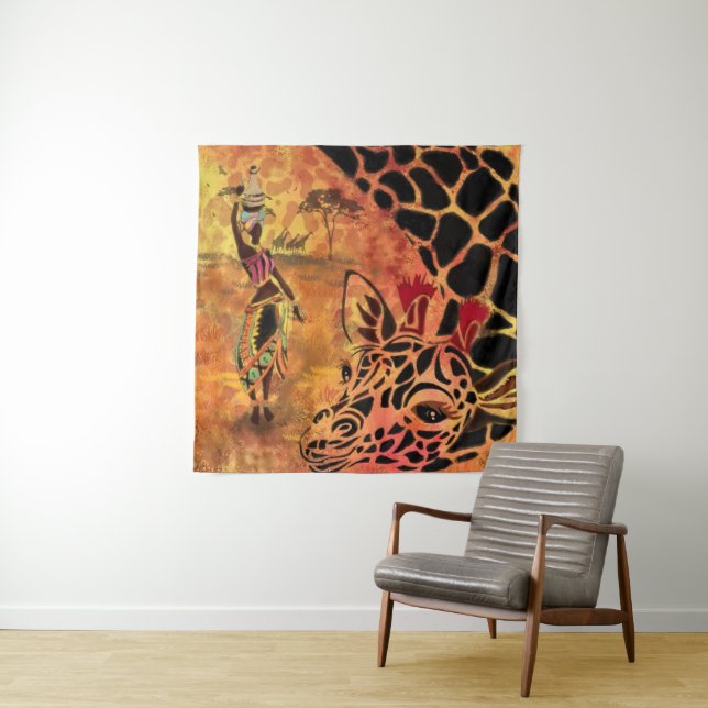 Tenture African Girl and Giraffe - Friends - Art Drawing - (En situation)
