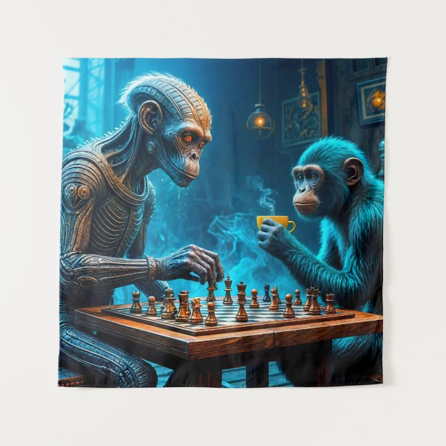 Tenture Alien et singe jouer aux échecs avec café (Devant)