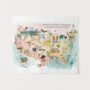 Tenture Amérique   Carte de l'aquarelle illustrée USA