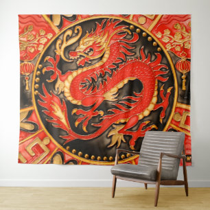 Tenture Ancien Dragon chinois traditionnel Rouge Or Or