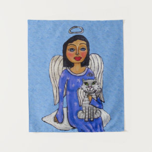 Tenture Angel tenant Chat sur Cloud Silver Halos Bleu clai