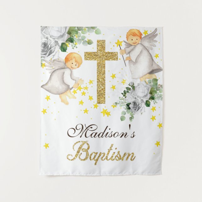 Tenture Anges de baptême paillettes or genre neutre (Devant)