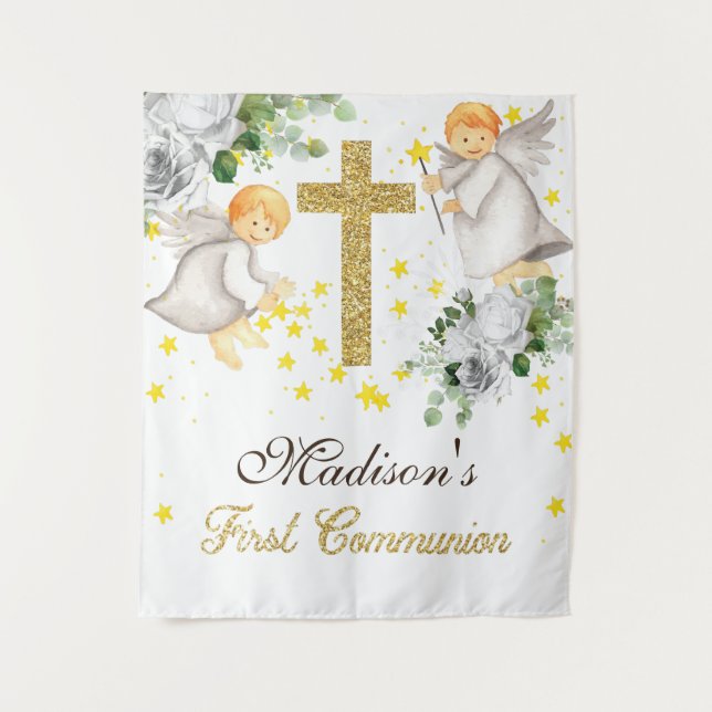 Tenture Anges de première communion pailletés genre neutre (Devant)