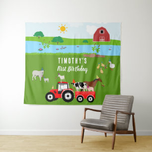 Tenture Animaux de ferme et tracteur rouge Thème de fête d