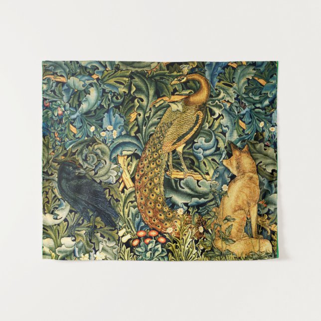 Tenture ANIMAUX FORESTIERS, RAVEN, FOX, PEACOCK Blue Green (Devant (Horizontal))