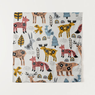 Tenture Animaux scandinaves, floral, motif mignon.