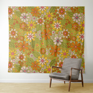 Tenture Années 1960, 1970 Vert & Orange Retro Floral