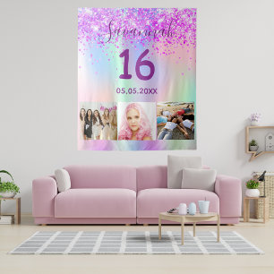 Tenture Anniversaire 16 ans violet rose photo holographiqu