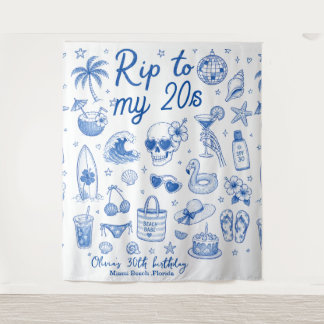 Tenture anniversaire bleu personnalisé plage 20 ans dessin